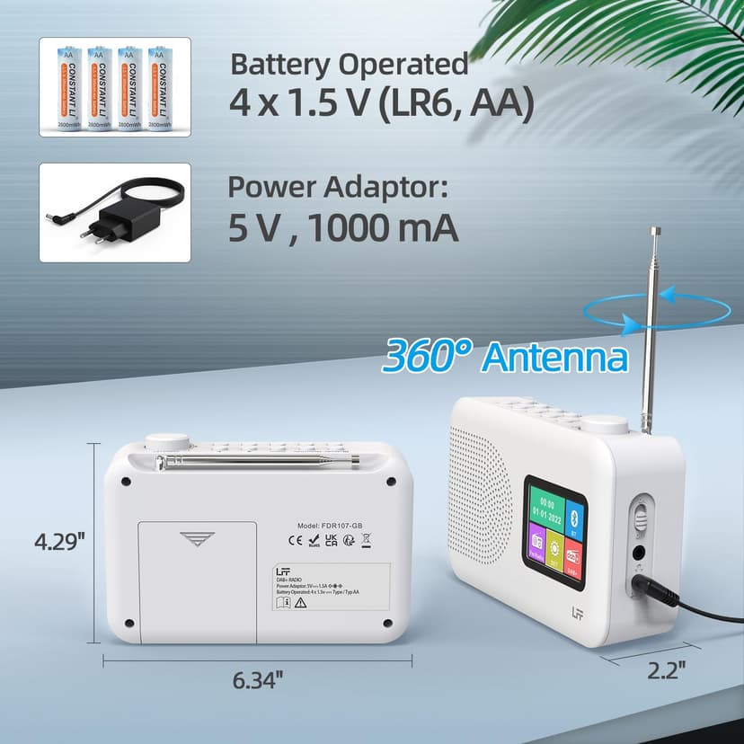 LFF DAB Radio, DAB Plus Radio, UKW-Digitalradio, Küchenradio mit Kabel oder Batteriebetriebenes, Farbdisplay Radios mit Bluetooth - 5