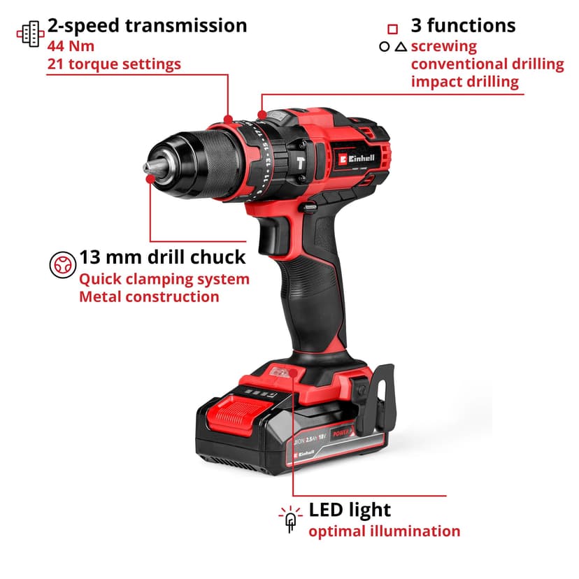 Einhell Cordless Impact Drill Driver with Battery and Charger 18V Power X-Change, 44Nm, 3-in-1 Combi Drill, Hammer Drill and Screwdriver, Battery Powered Drill Set - TE-CD 18/44 Li-i - 3