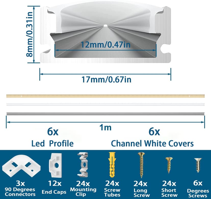 Chesbung 6 Pack U Shape Led Aluminum Profile for LED Strips, 1Meter/3.3ft Led Aluminum Channel with Milky White Cover, Led Track Diffusers with End Caps, Mounting Clips and 90 Degree Corner Connector - 3
