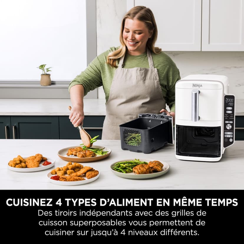 NINJA Double Stack XL Air Fryer, Friteuse sans huile Verticale Double Tiroir 4 Niveaux de Cuisson, 2 Tiroirs, 2 Grilles, Capacité de 9,5 L, 6 Fonctions, 8 Portions, Pinces, Blanc SL400EUWH - 4