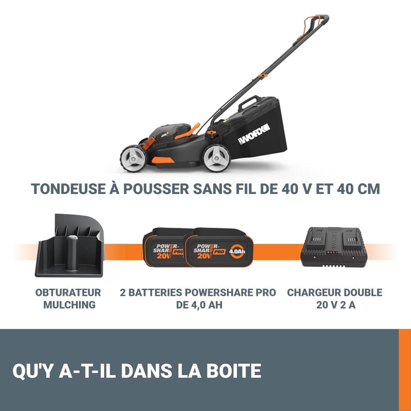 WORX Tondeuse à Gazon sans Fil 40V WG743E, Surface Max 500 m², Coupe de 40cm, Tonte jusqu'aux Bordures, 7 Hauteurs de Coupe, silencieuse, livrée avec 2 Batteries 4Ah et 1 Chargeur Double - 9