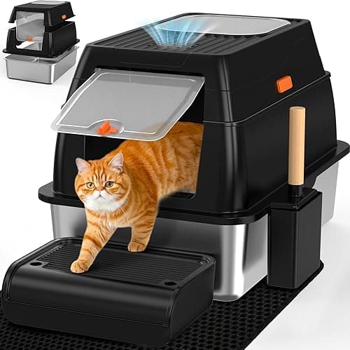 SZEETECH Stainless Steel XL Cat Litter Tray with Lid, Stainless Steel Cat Litter Box, Closed Cat Litter Box, Two Outputs, Shovel + Mat + Pedal Step - 60 x 40 x 39.5 cm (Black)