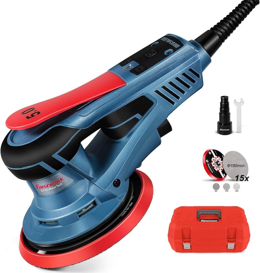 FANZWORK Ponceuse Excentrique 150 mm, Ponceuse Orbitale avec une Course Abrasive de 5 mm, Moteur EC sans Balais de 350 W, 7 Vitesses jusqu'à 10 000 tr/min, 15 Disques Abrasifs, avec Mallette - 1