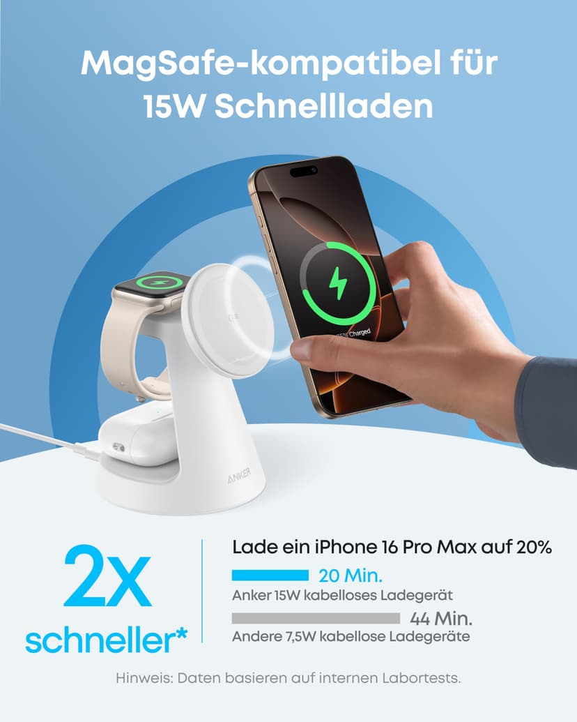 Anker MagGo Chargeur Induction iPhone 3 en 1 MagSafe 15W (Socle), Chargeur sans Fil Certifié Qi2 Compatible MagSafe, pour iPhone 17/16/15/14, Apple Watch, AirPods Pro, et Plus (Adaptateur fourni) - 3