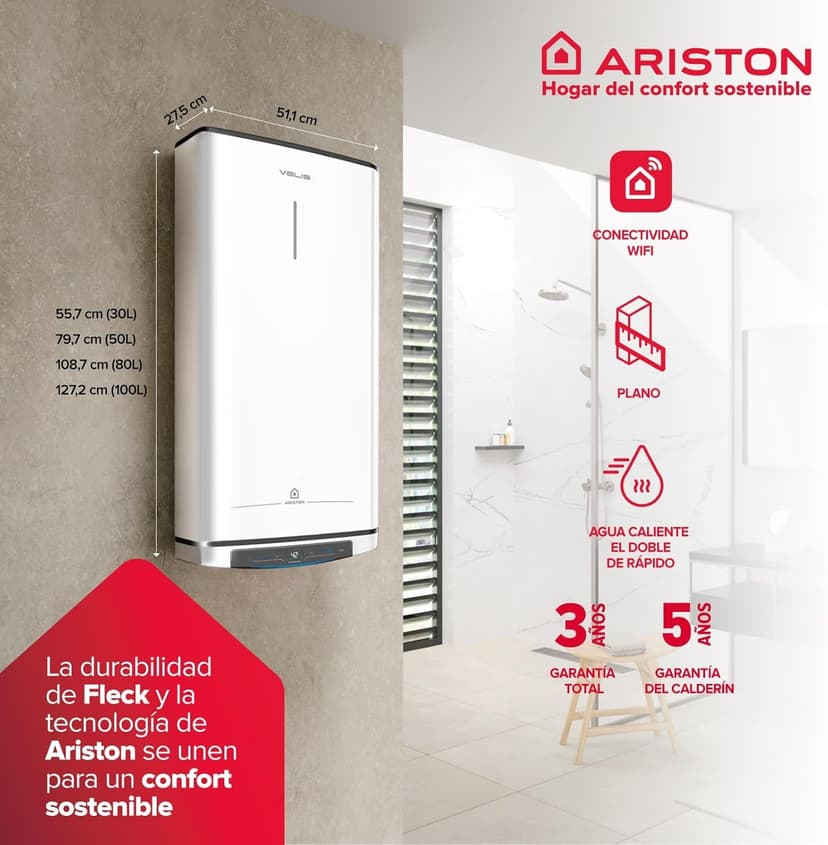 Ariston Velis Pro Wifi Electric Water Heater Low Power Consumption Multiple Positions 100L Flat with Wi-Fi and ECO EVO Function, 127.2 x 27.5 x 51.1 cm, for Installation in Spain - 2
