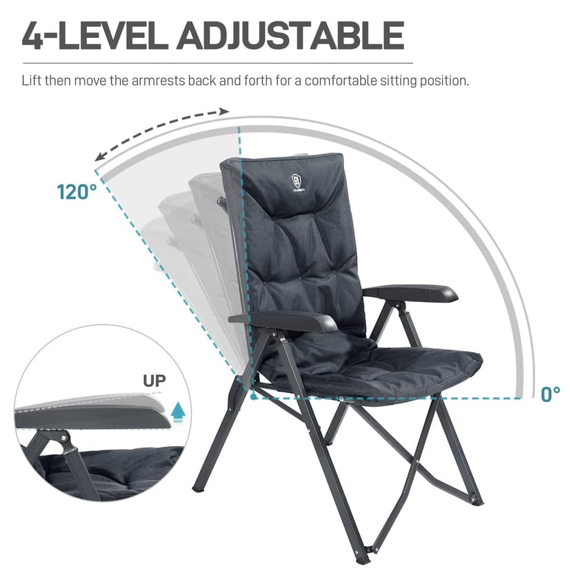 EVER ADVANCED Luxury Camping Chairs 2 Set for Adults Heavy Duty High Back Oversized Folding Garden Chair Comfy Padded 6cm Loadable 150kg Cam Adjustable Dining Chairs 4-Position Recliner Chair Black - 3