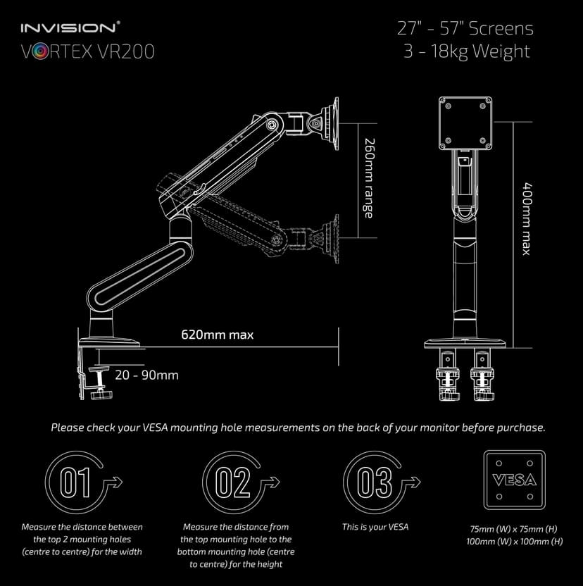 Invision VORTEX Gaming Monitor Arm for 27-57 Inch Screens | Curved & UltraWide | 5v USB Powered | 14 Mode RGB Integrated LED Lights | 3-18kg MAX (VR200) - 9
