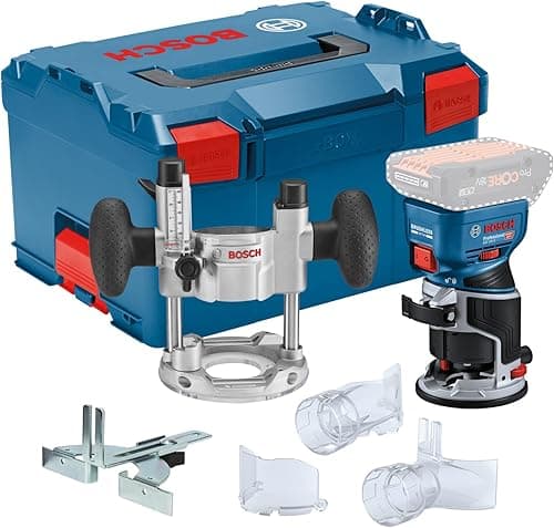 Bosch Professional 18V System Cordless Router GKF 18V-8 (incl. Parallel Guide, 2X vac adaptors, chip Shield, 8mm Collet, 2X Plunge Base vac adaptors, L-BOXX)