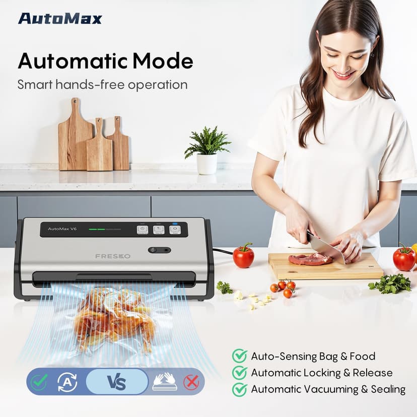 FRESKO Automatic Vacuum Sealer Machine, 140 Watt Food Vacuum Sealer with Double Heat Seal, Built-in Cutter & Bag Storage, Includes 10 pcs Pre-cut Bags and 1 Roll Bag(V6) - 6