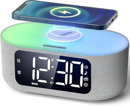 LIORQUE Alarm Clock Bedside with Qi Wireless Charging Smart Alarm Clock LED Display, FM Radio, Bluetooth Speaker, Mains Powered, Auto Dimming, Dual Alarms, Weekend Mode, Sound Sleep Feature