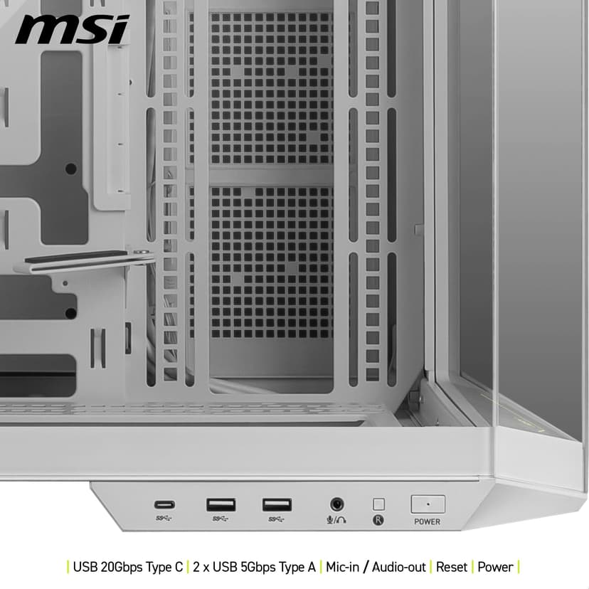 MSI MAG PANO 100L PZ WHITE ATX PC Case - ATX Capacity, Verical GPU Installation Bracket, GPU Holder, Dust Filters, Swinging Storage Bracket, Dual-chamber, USB 20Gbps Type-C - 6