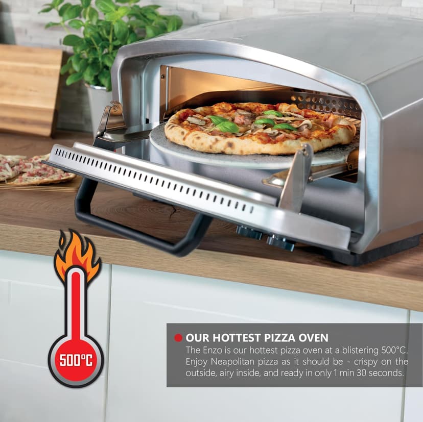 Unold Enzo 500°C Pizza Oven 68916 - Indoor and Outdoor IPX4 - Electric Neapolitan Pizza Maker - Up To 12" with 33cm Rotating Pizza Stone - Adjustable Timer - Includes Pizza Peel - 2100W -240V - 2