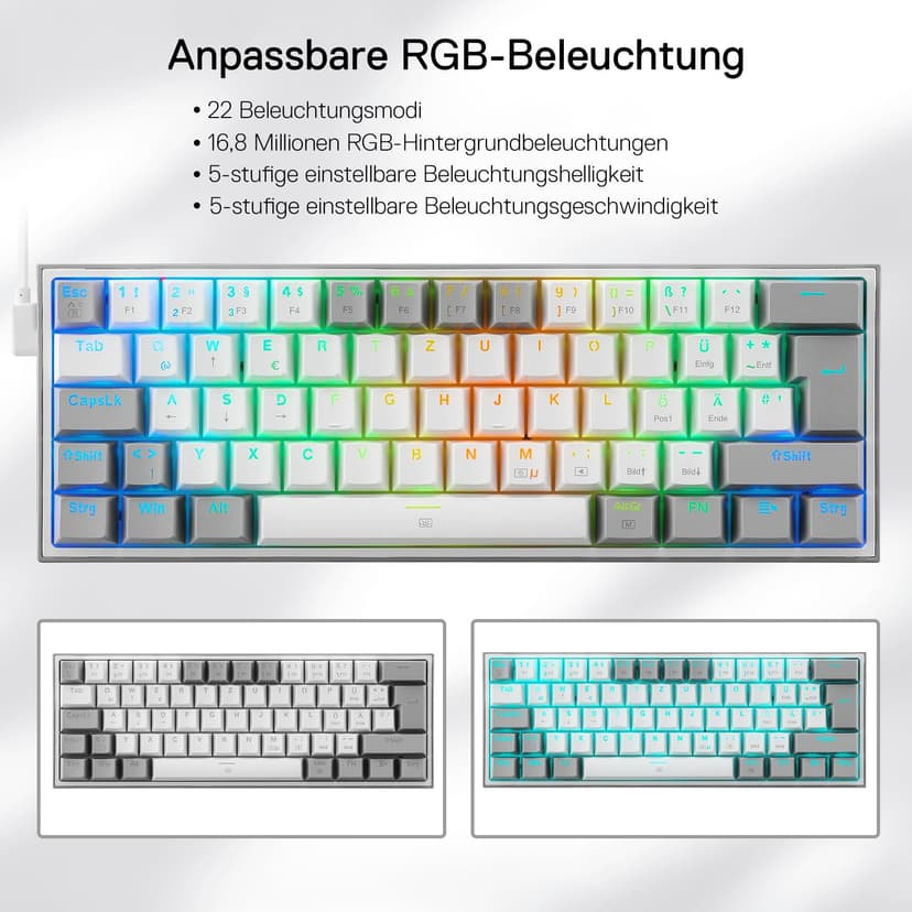 Redragon K617 Fizz 60% German QWERTZ Layout Gaming Keyboard, RGB Wired Gaming Keyboard, 62 Keys, Hot Swap Red Switches, Programmable Buttons, Removable USB Type C Cable - Grey & White - 5