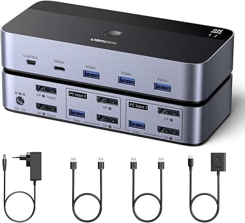 UGREEN 8K@60Hz Displayport KVM Switch 2 Monitors 2 Computers Support 4K@240Hz, 4 Port USB KVM Switcher DP 1.4 KVM Switches for 2 Computers Share Keyboard, Mouse, Hard Drive and 2 Monitors