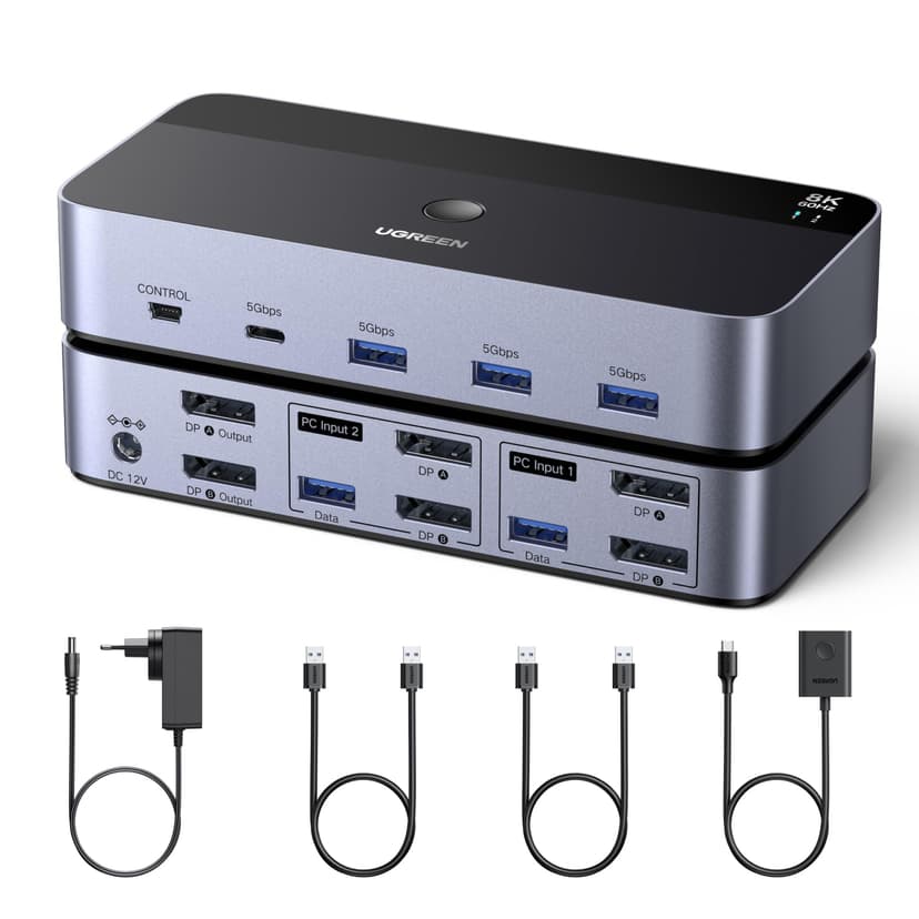 UGREEN 8K@60Hz Displayport KVM Switch 2 Monitors 2 Computers Support 4K@240Hz, 4 Port USB KVM Switcher DP 1.4 KVM Switches for 2 Computers Share Keyboard, Mouse, Hard Drive and 2 Monitors - 1