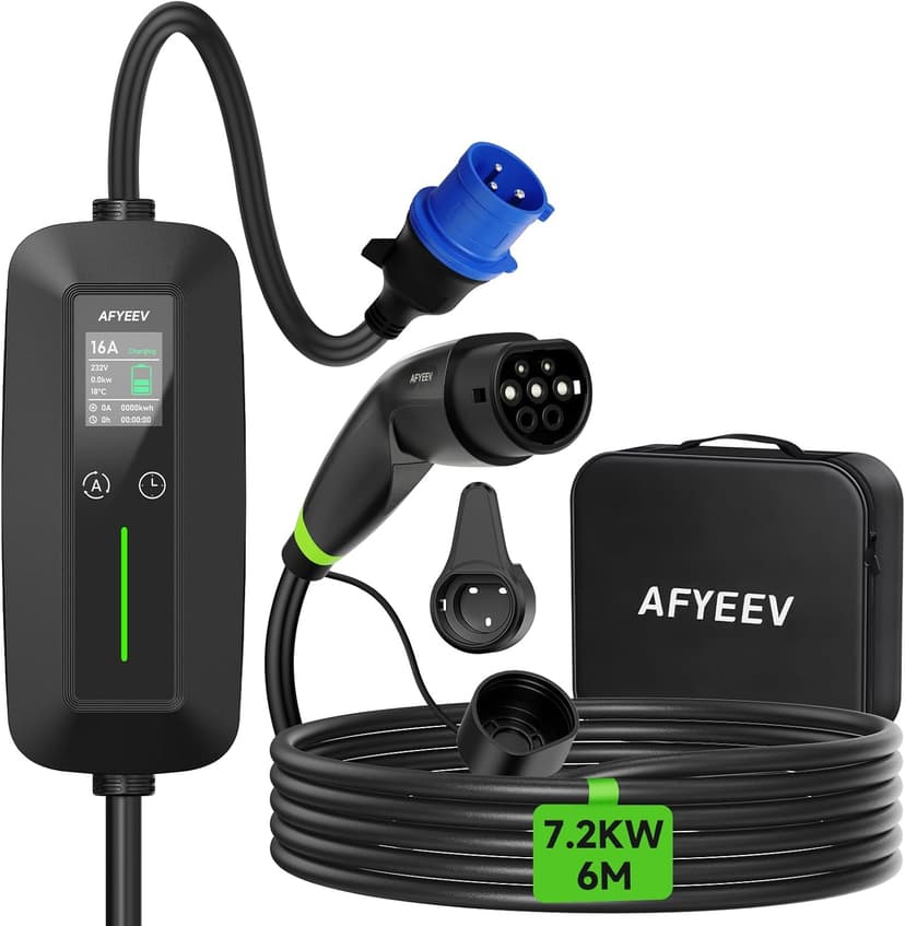 AFYEEV Type 2 charging cable with CEE plug 6M [7.2kW 6-32A 1-phase], electric car charging cable Type 2 Schuko Adjustable current 6/8/10/13/16/20/24/32A, EV charger for IEC 62196-2 - 1