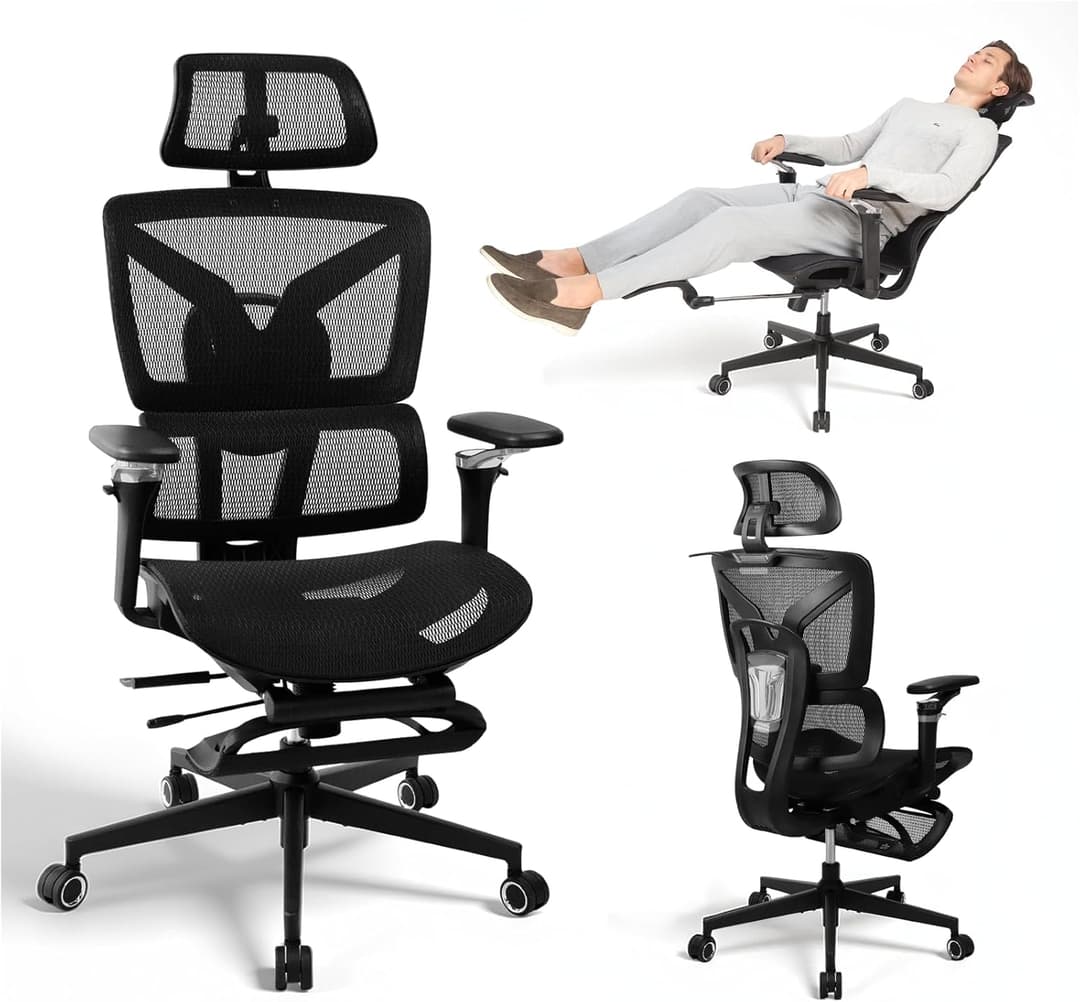 Ergonomic Office Chair Large and Tall with Footrest, 5D Adjustable Armrests, Lumbar Support, Reclining Mesh Backrest, Adjustable Depth Seat, Kids Chair, Black