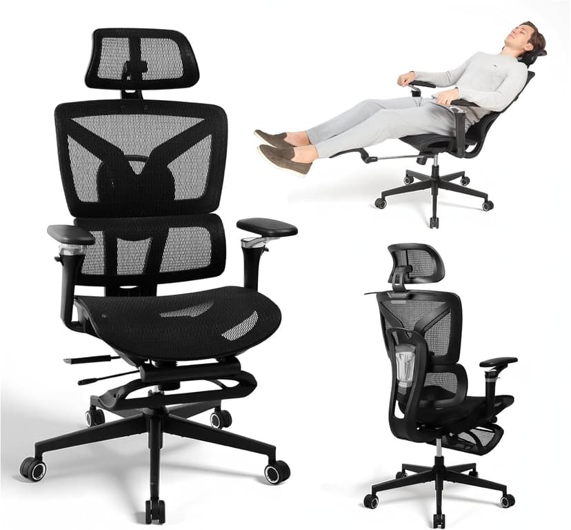 Ergonomic Office Chair Large and Tall with Footrest, 5D Adjustable Armrests, Lumbar Support, Reclining Mesh Backrest, Adjustable Depth Seat, Kids Chair, Black - 1