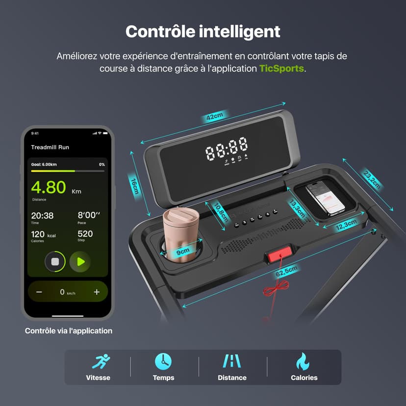 Mobvoi Home Smart AI Treadmill Ultra 6% Incline 3 in 1 Walking Pad Treadmills for Home Office TicSports APP 2.5HP Running Treadmill Handrail Holder for Cup Phone Laptop Speaker 12 KMH 120KG - 3