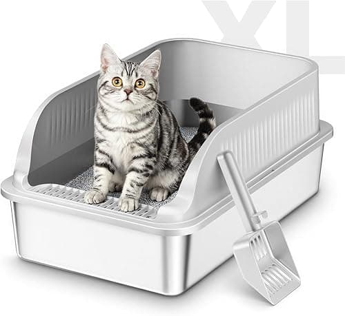 Stainless Steel Cat Litter Tray with High Sides, XXL Metal Cat Litter Box with Scoop, Hooded Toilet for Cat Rabbit, Pet Tray for Large and Small Cats, Leak-Proof, Odour-Free, Easy to Clean, Light Grey