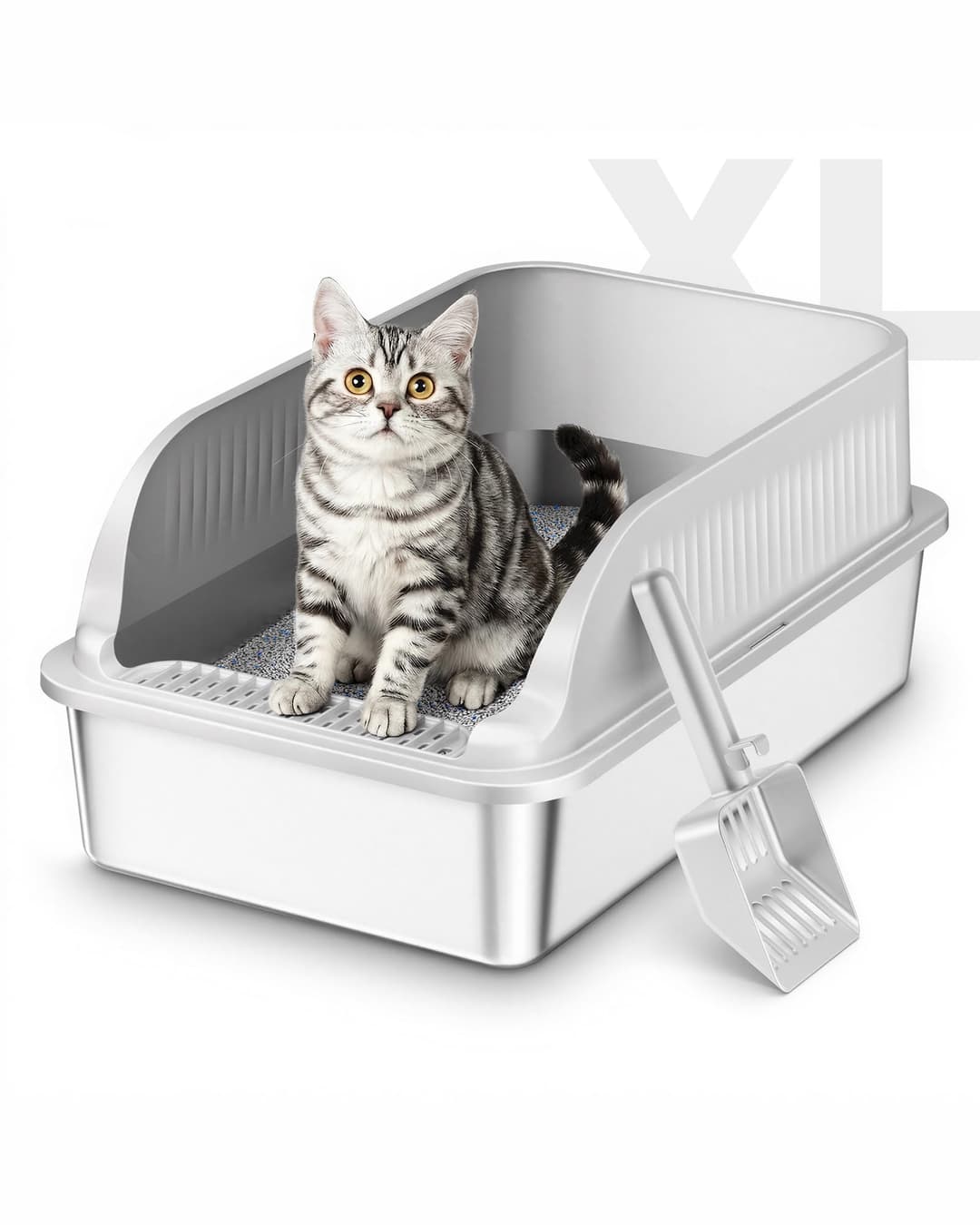 Stainless Steel Cat Litter Tray with High Sides, XXL Metal Cat Litter Box with Scoop, Hooded Toilet for Cat Rabbit, Pet Tray for Large and Small Cats, Leak-Proof, Odour-Free, Easy to Clean, Light Grey