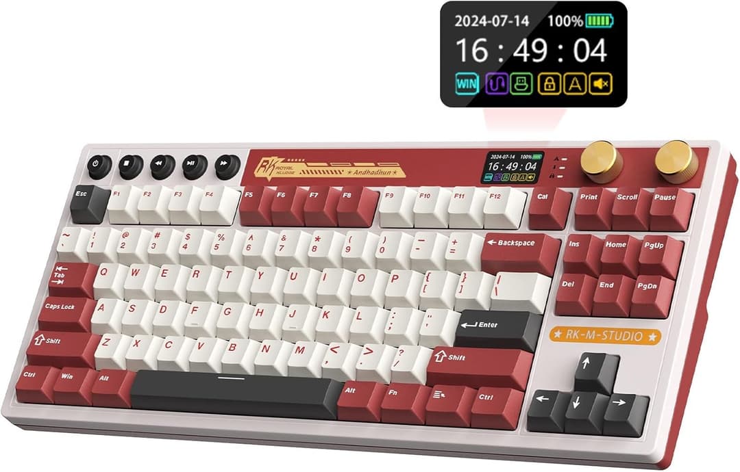 RK ROYAL KLUDGE M87 Wireless Gaming Keyboard with Screen and Dual Knob, 75% Percent 2.4Ghz/Bluetooth/USB-C Gasket Mechanical Keyboard with 7500mAh Battery, RGB Backlit Hot Swappable Cream Switch, Red