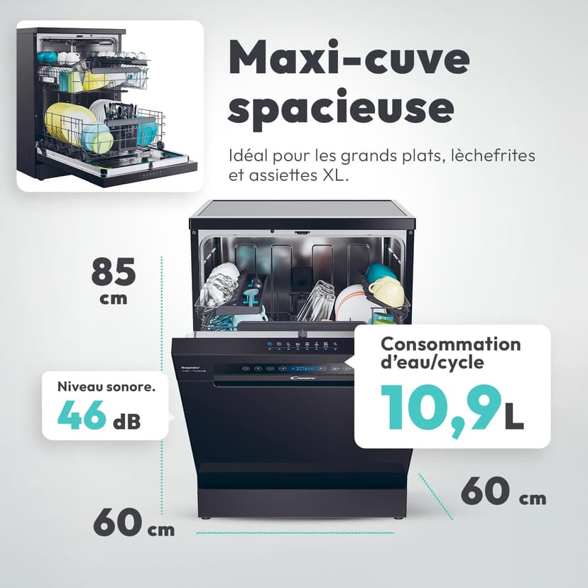 CANDY - Lave-Vaisselle - Pose Libre - 15 Couverts - Classe Énergétique C - Maxi Cuve, Wash & Dry 35 min, Ouverture Automatique, Contrôle à Distance - Noir - 60 x 85 x 60 cm - Modèle CF 5C6F0B - 3