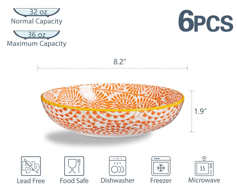 ONEMORE 36oz Colorful Pasta Bowls Set of 6 - Microwavable Oven and Dishwasher Safe Ceramic Shallow Bowl for Dinner, Soup, Assorted Colors - 6