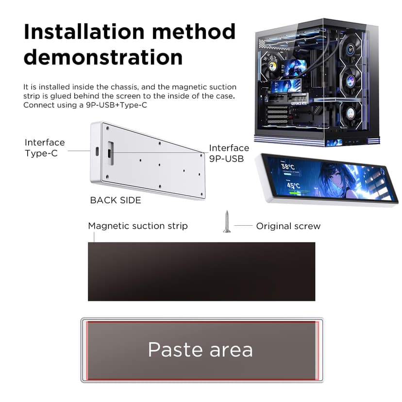 TZMRIT 9.16 Inch Universal LCD Screen Display for PC, Customizable ARGB Frame, Temperature Display Panel, Mini Monitor, with Preset & DIY Themes for Gaming PC Case/CPU Cooler (WH) - 3