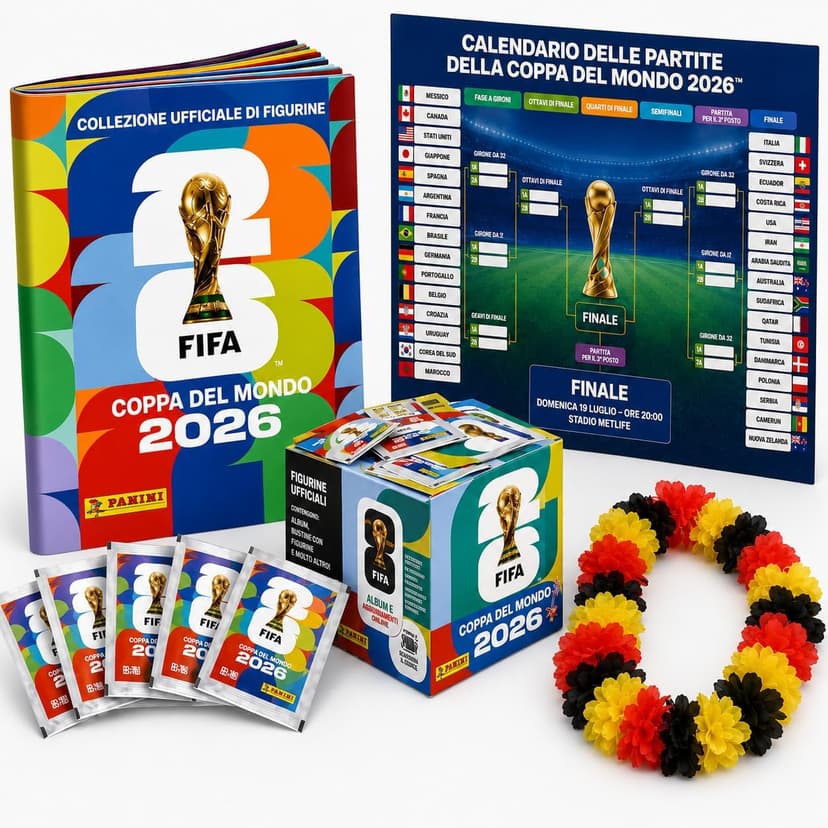 XXL Set de Démarrage Fan Championnat du Monde 2026 – Album Original Panini, Calendrier des Matchs + Guirlande Allemagne, XXL Fan Bundle (50 Paquets / 350 Stickers) - 1