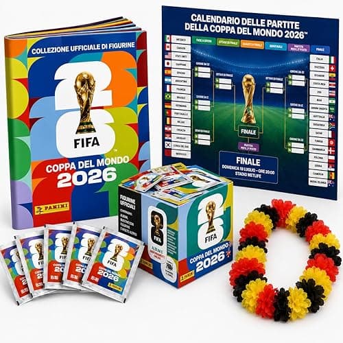 XXL Set de Démarrage Fan Championnat du Monde 2026 – Album Original Panini, Calendrier des Matchs + Guirlande Allemagne, XXL Fan Bundle (50 Paquets / 350 Stickers)