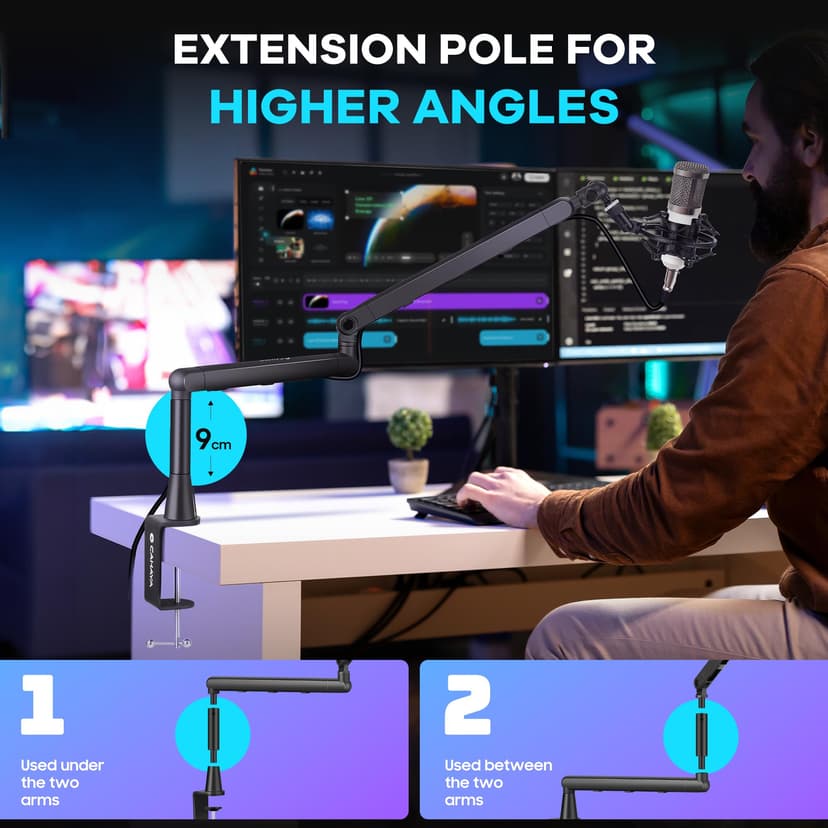 CAHAYA Microphone Boom Arm Professional Low Profile Adjustable Microphone Arm with Extension Rod Under-Screen Design for Streaming & Recording, Load Capacity up to 2.5 kg Microphone Swivel Arm - 9