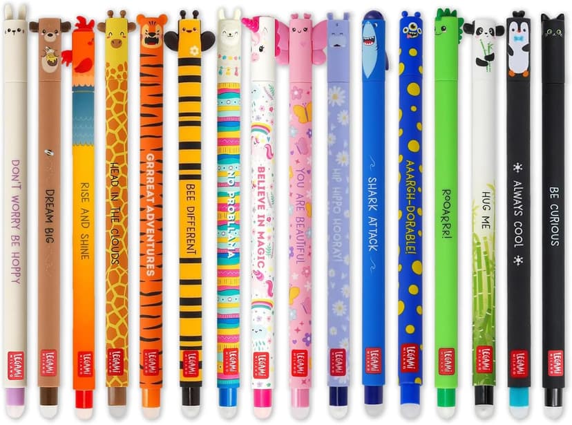 LEGAMI - Set of 16 Erasable Gel Pens with Thermosensitive Erase Ink, Range of ink colours & barrel designs, 0.7mm Tip, Animal Designs - 1