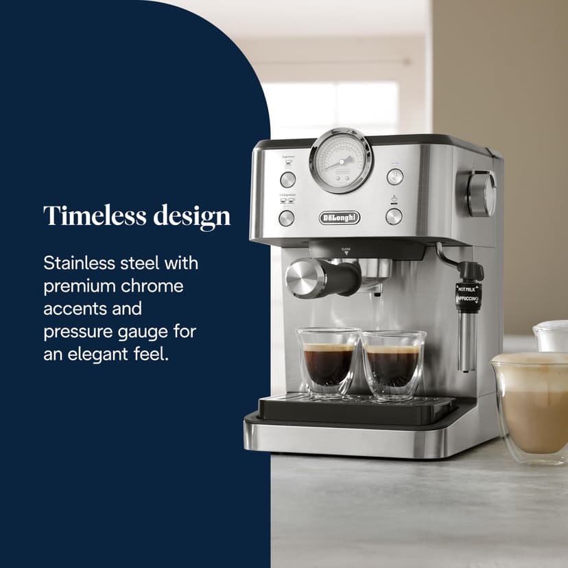 De'Longhi Linea Classic EM450.M Machine à café manuelle avec tige vapeur, machine à expresso avec pompe barista, buse pour cappuccino, filtre double paroi, 15 bar, tasse jusqu'à 13 cm, acier - 2