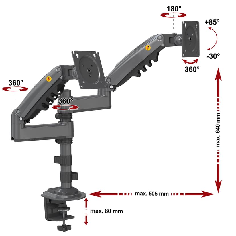 Ergosolid Heavy Duty Swivel Desk Mount with Gas Spring for Two 17-35 Inch LED LCD Monitors, VESA 75mm and 100mm up to 2x9 kg - 5