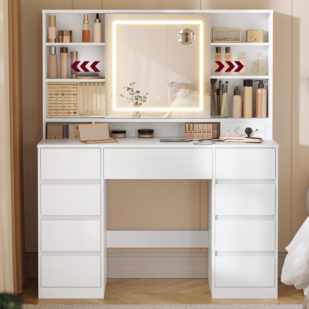 VASAGLE Kailyn Collection RDT137W01 Dressing Table with Mirror and LED Lights, Power Strip, 9 Drawers, 10x Magnifying Mirror, 3 Light Colours, Adjustable Shelves, Cloud White