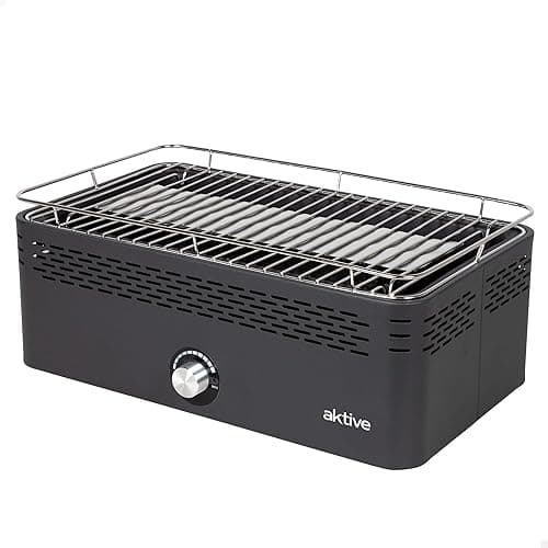 Aktive 63004 Portable Charcoal Barbecue, Rechargeable, Battery-Operated, Smokeless, Black, Rectangular, Drip Protection, Dimensions 45 x 28 x 19 cm, Includes Carry Bag, Patio, Balcony Grill
