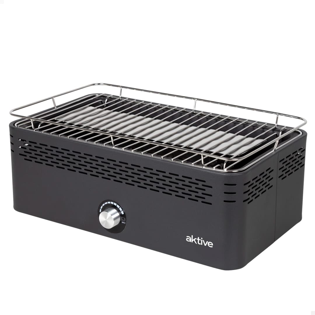 Aktive 63004 Portable Charcoal Barbecue, Rechargeable, Battery-Operated, Smokeless, Black, Rectangular, Drip Protection, Dimensions 45 x 28 x 19 cm, Includes Carry Bag, Patio, Balcony Grill
