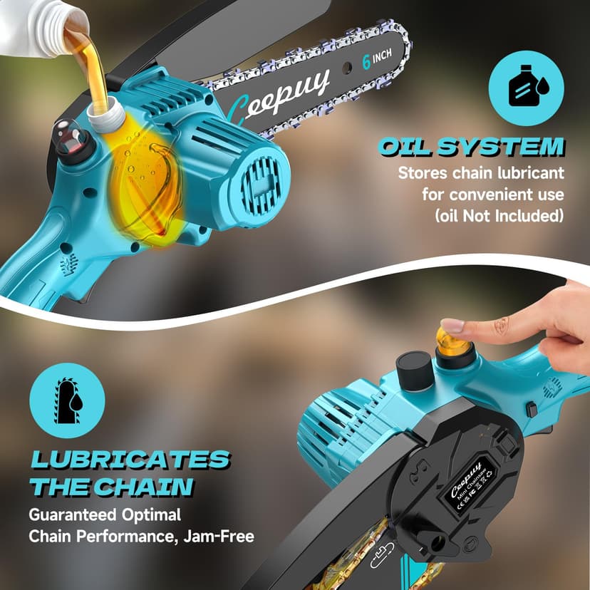 CEEPUY Mini Battery Chainsaw 2x4000mAh 6 Inch Cordless Electric Chainsaw with Oil Injector and Replacement Chain, Suitable for Pruning Garden Trees (880W) - 6