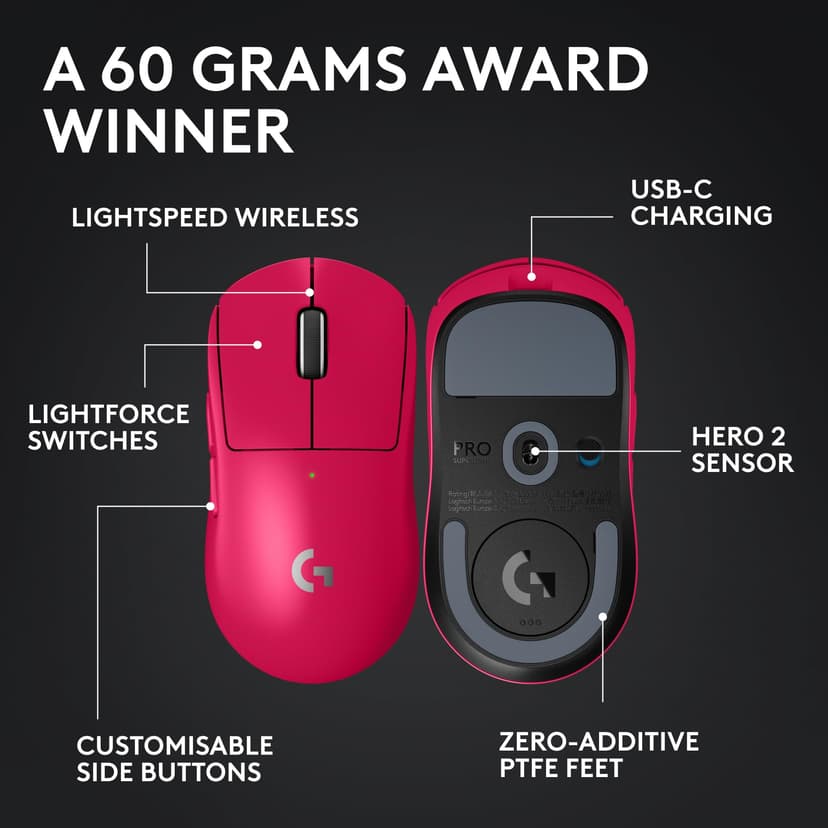 Logitech G PRO X SUPERLIGHT 2 wireless gaming mouse, 60 g pro-grade mouse with 5 programmable buttons, 44k DPI sensor, 8 kHz report rate, USB-C charging for PC/Mac - Pink - 6