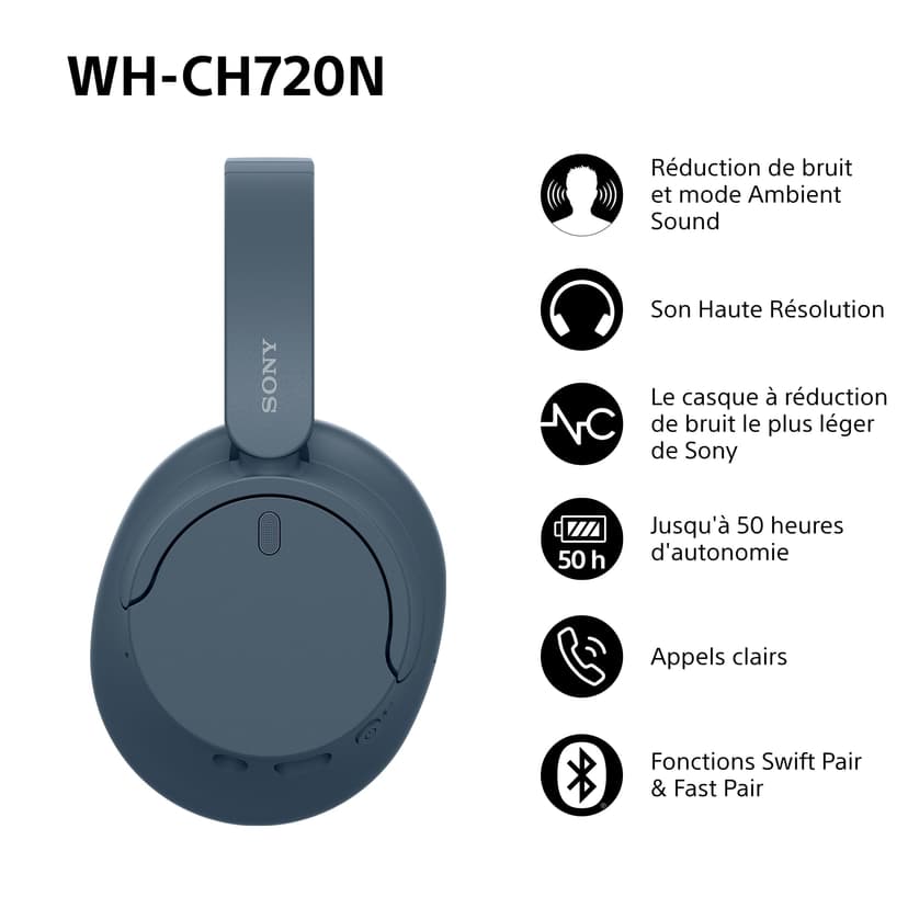 Sony WH-CH720N - Casque Bluetooth sans Fil à réduction de Bruit - Micro intégré - jusqu'à 35 Heures d'autonomie et Charge Rapide - Bleu - 2