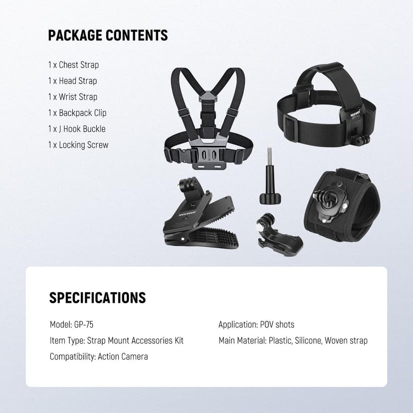 NEEWER Accessories Kit Compatible with GoPro Hero Insta360 DJI AKASO Action Camera, Quick Release Head Strap Mount, Chest Harness, Backpack Hat Clip Holder & 360° Wrist Strap for POV Recording, GP-75 - 7