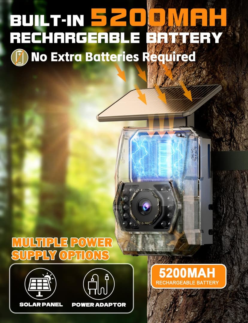 Caméra de Chasse Solaire, 60MP 4K WiFi Camera Chasse avec 5200mAh Batterie Rechargeable, 850nm LED Camera Infrarouge Vision Nocturne Animaux Caméra, Grand Angle 100°, Etanche IP66 avec Carte 32GB - 4