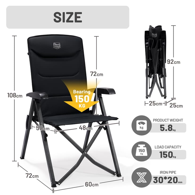 TIMBER RIDGE Camping Chairs for Adults Heavy Duty, Oversized Folding Garden Chair, High Back Outdoor Chair Luxury for Caravan Dining Beach Picnic, Adjustable 4-Position, Support 150kg, Black - 3