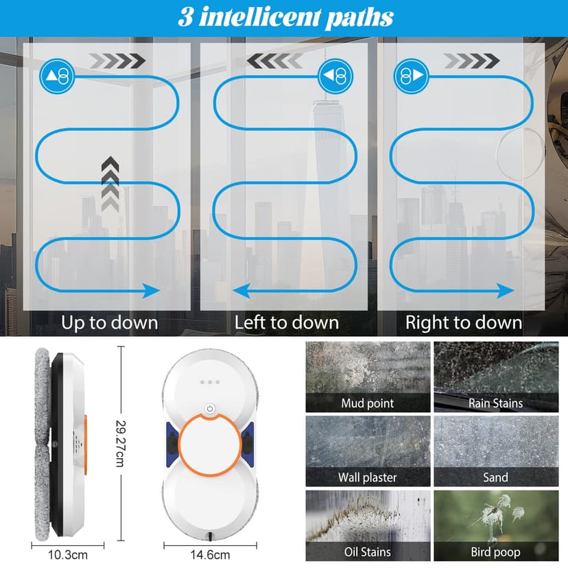 Robot Window Cleaner, 5600Pa Robot Glass Cleaner with Double Water Spray, 3 Cleaning Modes, Remote Control, Smart Navigation, Fall Protection & 8 Cloths, For Smooth Surfaces - 6