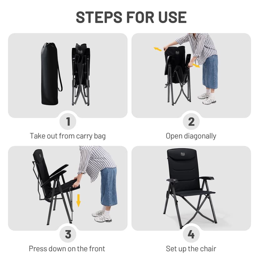 TIMBER RIDGE Camping Chairs for Adults Heavy Duty, Oversized Folding Garden Chair, High Back Outdoor Chair Luxury for Caravan Dining Beach Picnic, Adjustable 4-Position, Support 150kg, Black - 6