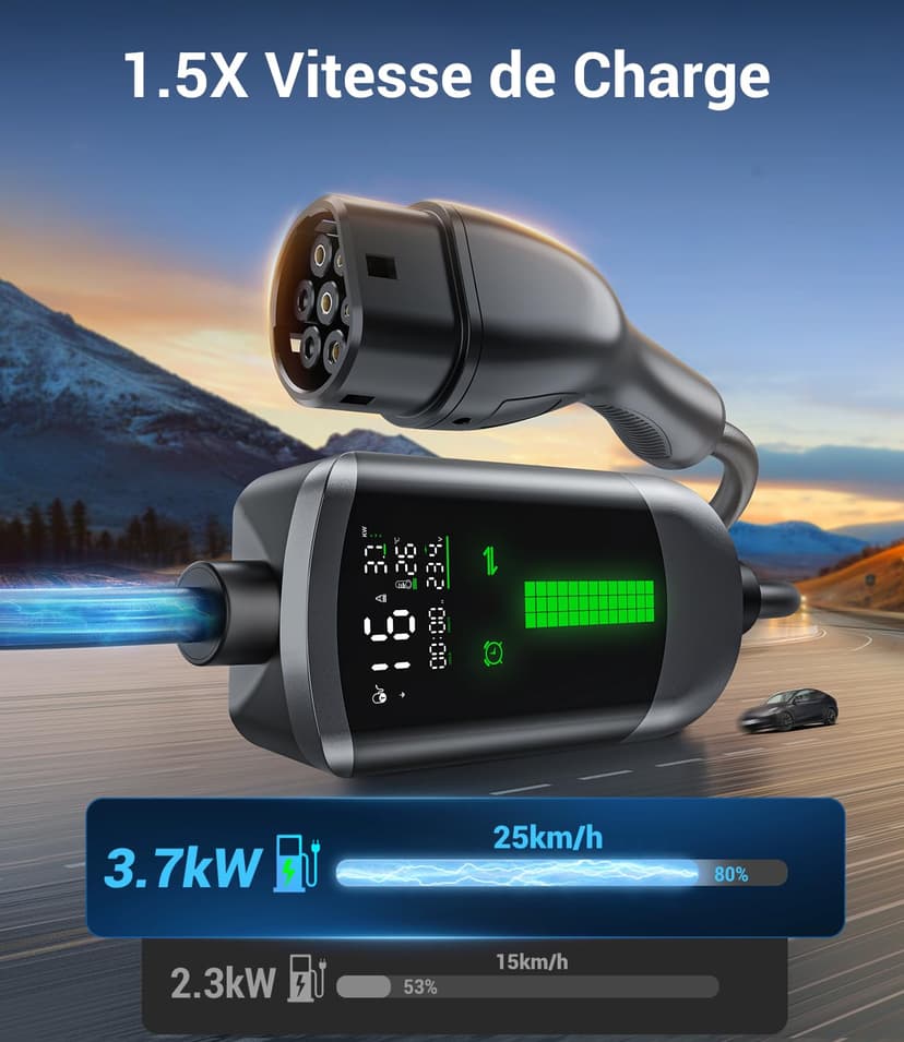 WityCharge Electric Car Charger 3.7 kW – 7 M/6-16 A Electric Car Charging Cable with Wall Mount Bag, Delayed Charger, Digital LCD, IP65, Compatible with EVs(IEC 62196-2) & PHEVS - 2