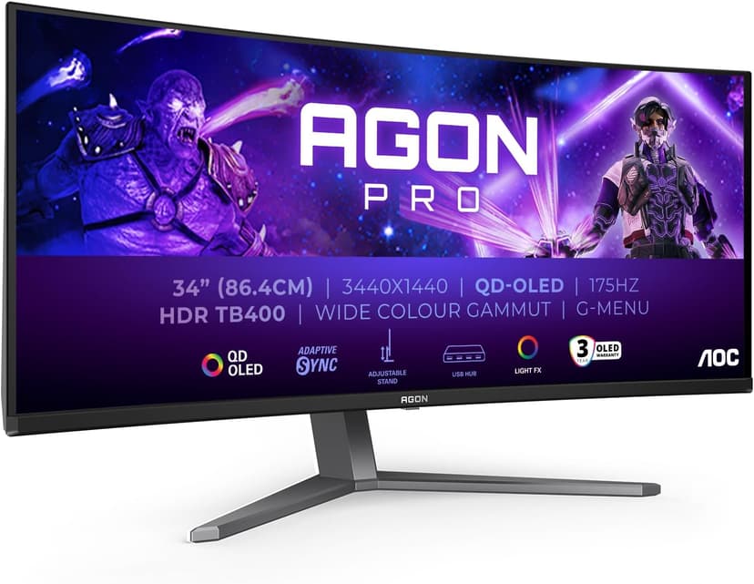 AOC AG346UCDAM 34 inch UW-QHD Monitor Curved, 175Hz, QD-OLED Panel, 0.03ms GtG, Adaptive Sync, HDR400 TrueBlack, FreeSync Prem., G-Sync Comp., Speakers(3440x1440 HDMI 2x 2.0 DP 1x 1.4 USB Hub) Black - 1