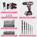 DEKOPRO Cordless Drill 20 V Pink Electric Screwdriver - Pink Screwdriver for Women - Complete Kit with 2 x 1.5Ah Batteries and Charger - 9