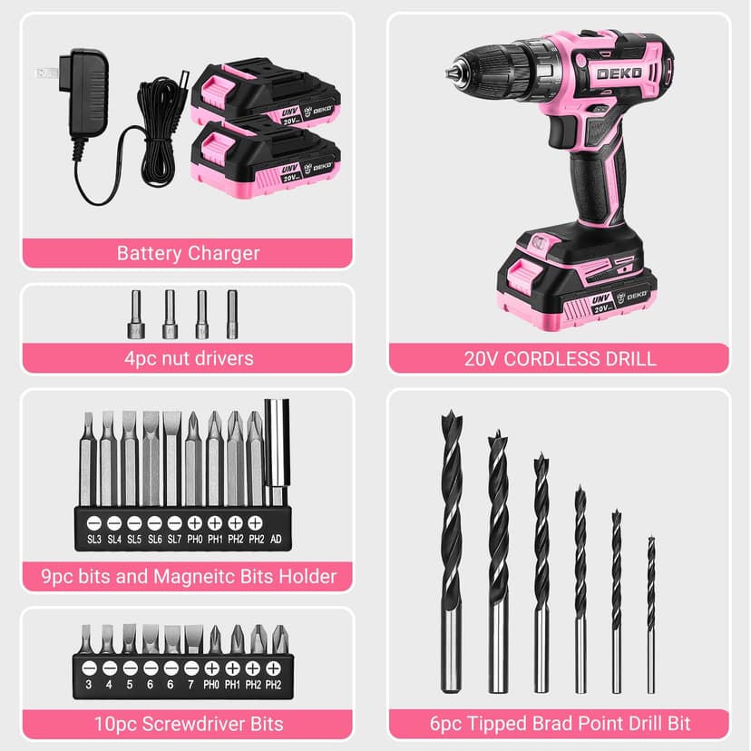 DEKOPRO Cordless Drill 20 V Pink Electric Screwdriver - Pink Screwdriver for Women - Complete Kit with 2 x 1.5Ah Batteries and Charger - 9